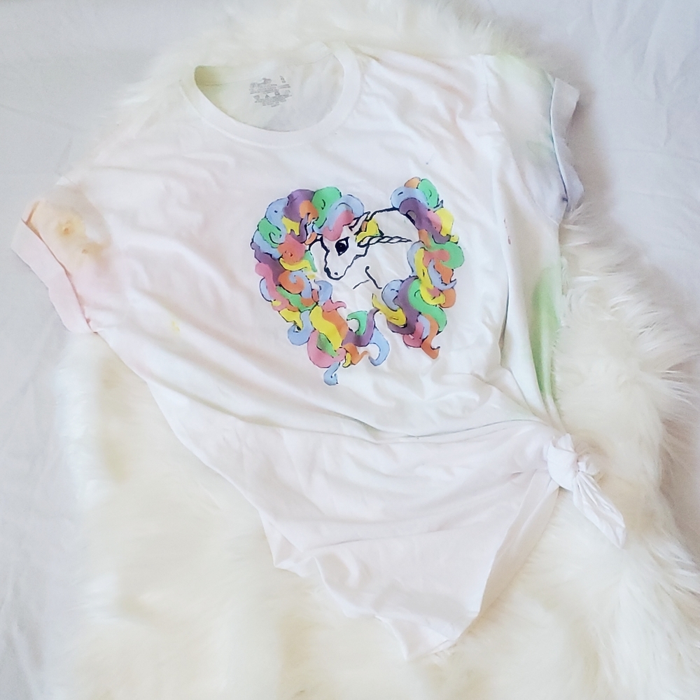 Custom Hand Painted Unicorn Pastel Rainbow Mane Graphic Tee Large